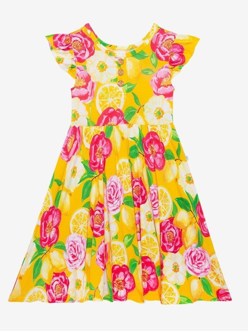 Posh Peanut Annika Cap Sleeve Henley Twirl Dress Girls 5t bamboo floral yellow
